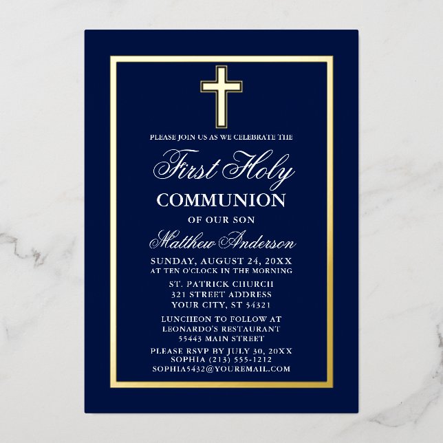First Holy Communion Cross Navy Blue Gold Foil Invitation (Front)