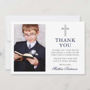 First Holy Communion Cross Navy Blue Photo Thank You Card