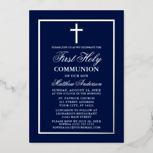 First Holy Communion Cross Navy Blue Silver Foil Invitation