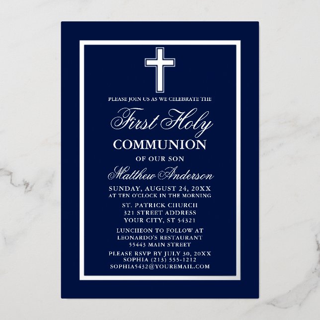 First Holy Communion Cross Navy Blue Silver Foil Invitation (Front)