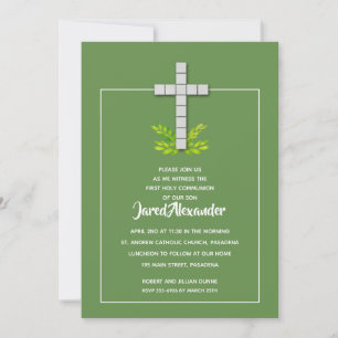 First Holy Communion Cross on Green Invitations