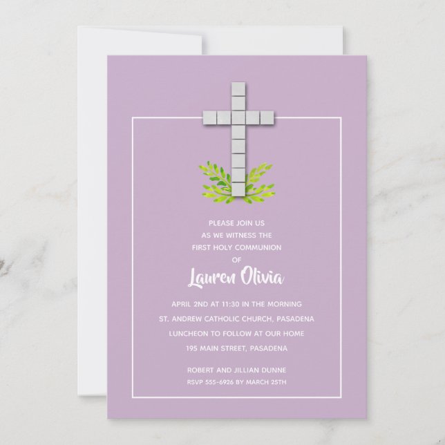 First Holy Communion Cross on Lavender Invitations (Front)