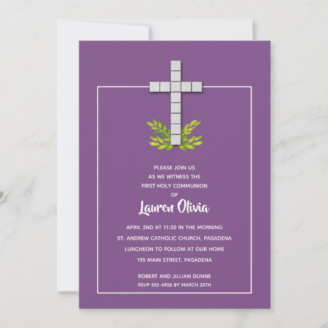 First Holy Communion Cross on Purple Invitations (Front)