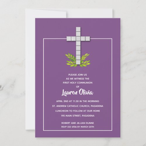 First Holy Communion Cross on Purple Invitations
