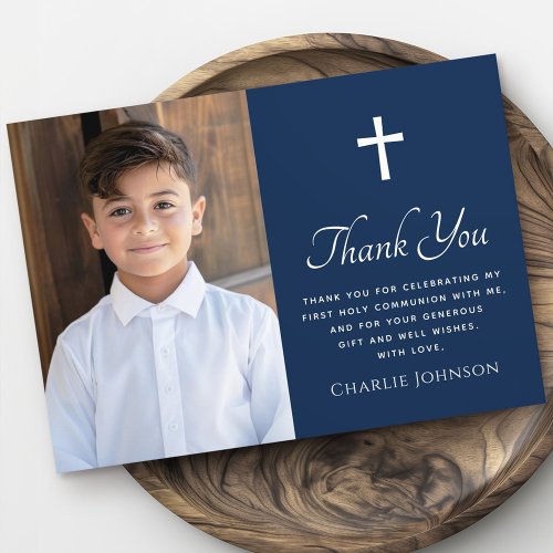 First holy communion cross photo dark blue thank you card