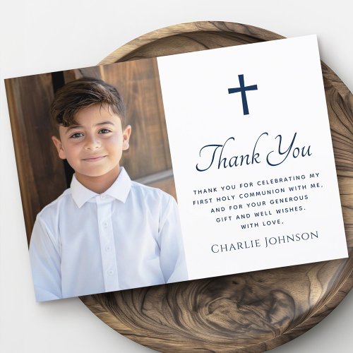 First holy communion cross photo dark blue white thank you card