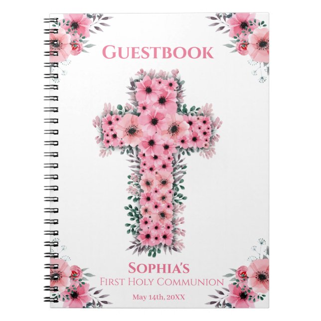 First Holy Communion Cross Pink Flower Guest Book (Front)