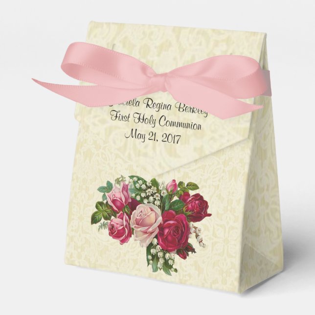 First Holy Communion Cross Roses Ecru Lace Design Favor Boxes (Front Side)