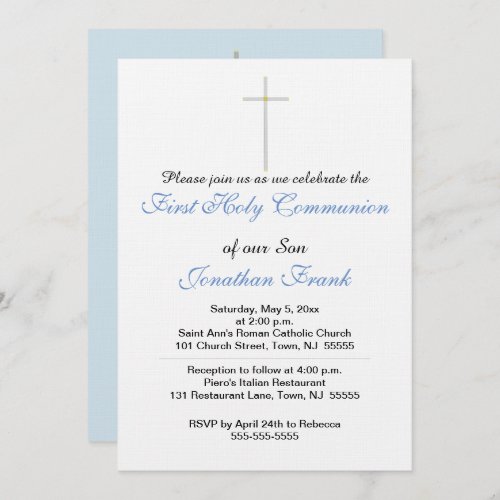 First Holy Communion Cross Son Blue Gray Invitation