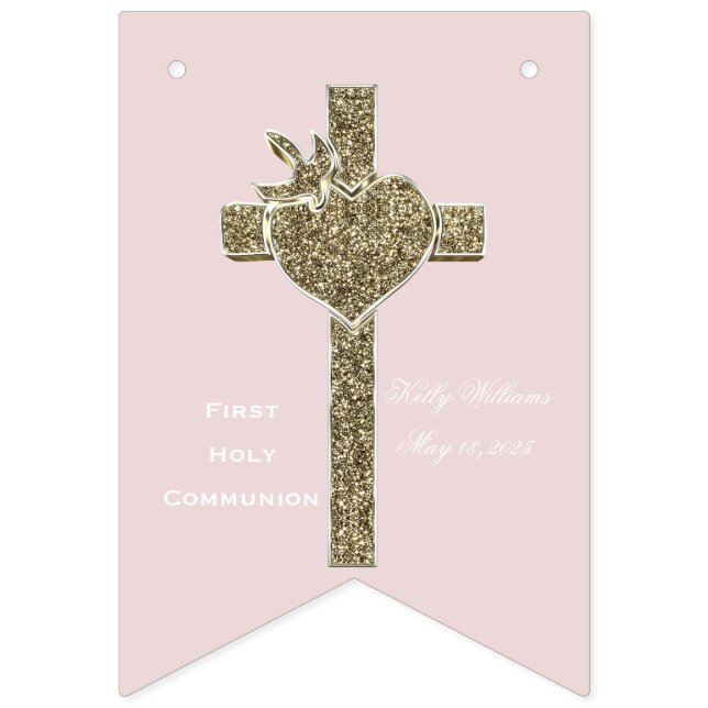 First Holy Communion Cross with Dove and Heart Bunting Flags (First Flag)