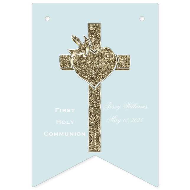 First Holy Communion Cross with Dove and Heart Bunting Flags (First Flag)