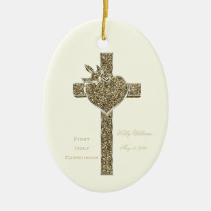 First Holy Communion Cross with Dove and Heart Ceramic Ornament