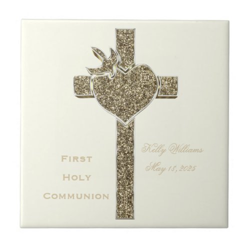 First Holy Communion Cross with Dove and Heart Ceramic Tile