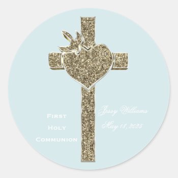 First Holy Communion Cross With Dove And Heart Classic Round Sticker by YourSparklingShop at Zazzle