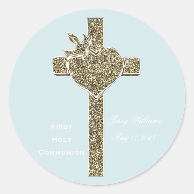 First Holy Communion Cross with Dove and Heart Classic Round Sticker (Front)