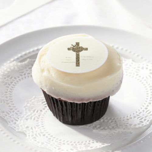 First Holy Communion Cross with Dove and Heart Edible Frosting Rounds
