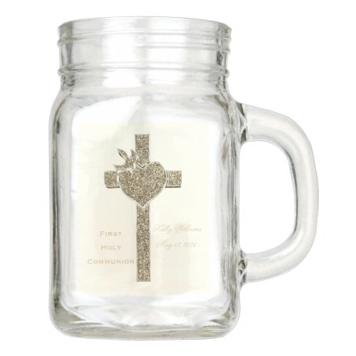 First Holy Communion Cross with Dove and Heart Mason Jar