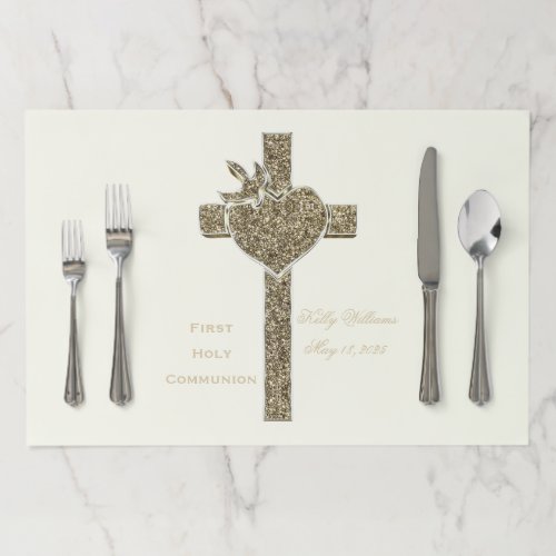 First Holy Communion Cross with Dove and Heart Paper Placemat