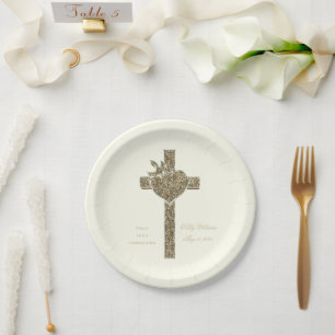 First Holy Communion Cross with Dove and Heart Paper Plates