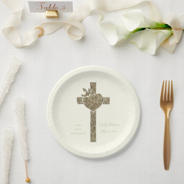 First Holy Communion Cross with Dove and Heart Paper Plates (Wedding)