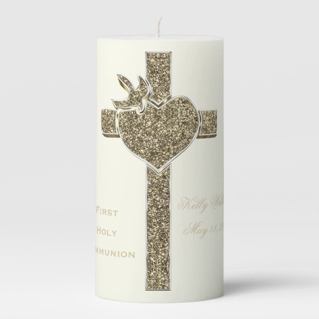 First Holy Communion Cross with Dove and Heart Pillar Candle (Front)
