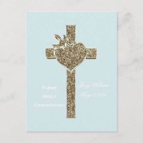 First Holy Communion Cross with Dove and Heart Postcard