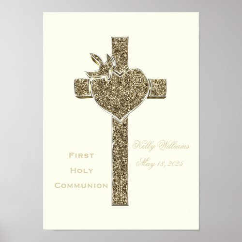 First Holy Communion Cross with Dove and Heart Poster