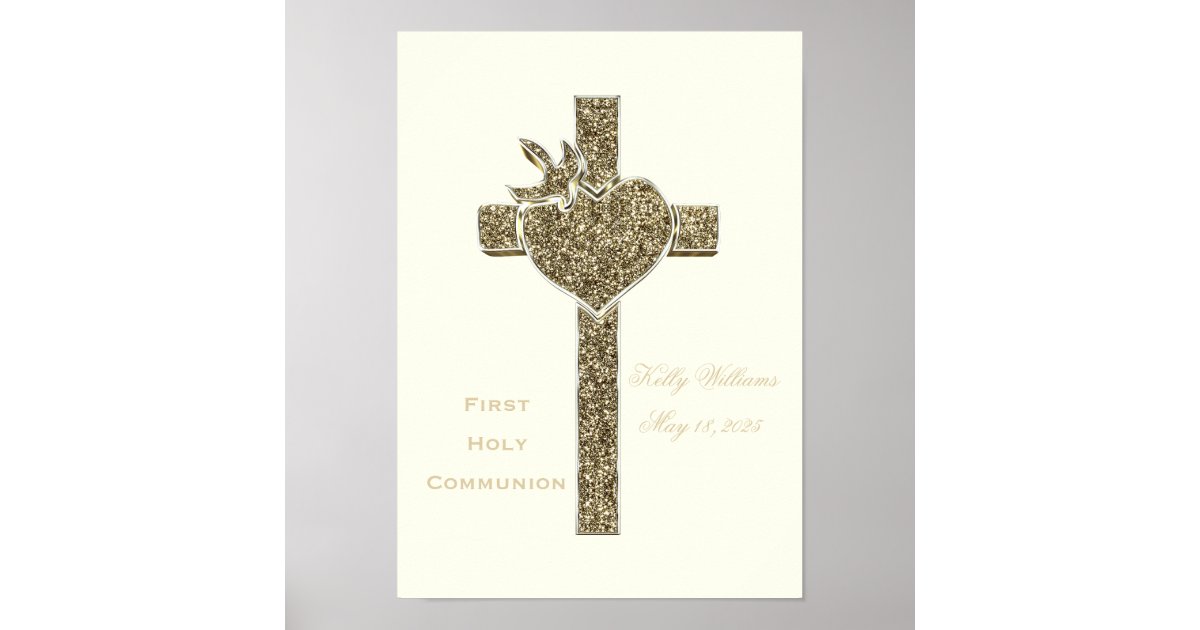 First Holy Communion Cross with Dove and Heart Poster | Zazzle