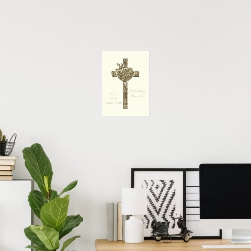 First Holy Communion Cross with Dove and Heart Poster | Zazzle