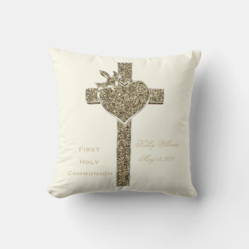 First Holy Communion Cross with Dove and Heart Throw Pillow