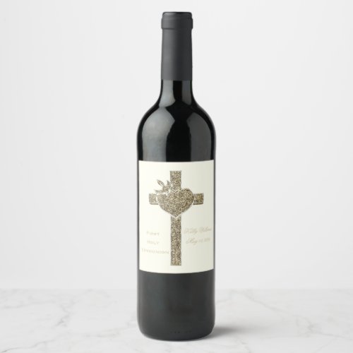 First Holy Communion Cross with Dove and Heart Wine Label