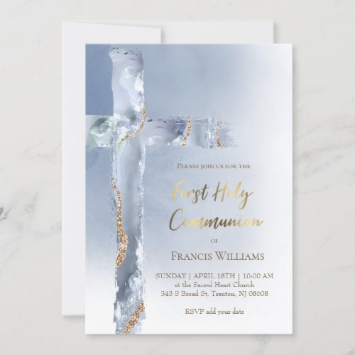 First Holy Communion dusty blue agate Holy Cross Invitation