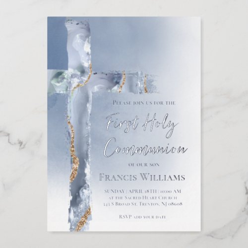 First Holy Communion dusty blue cross Foil Invitation