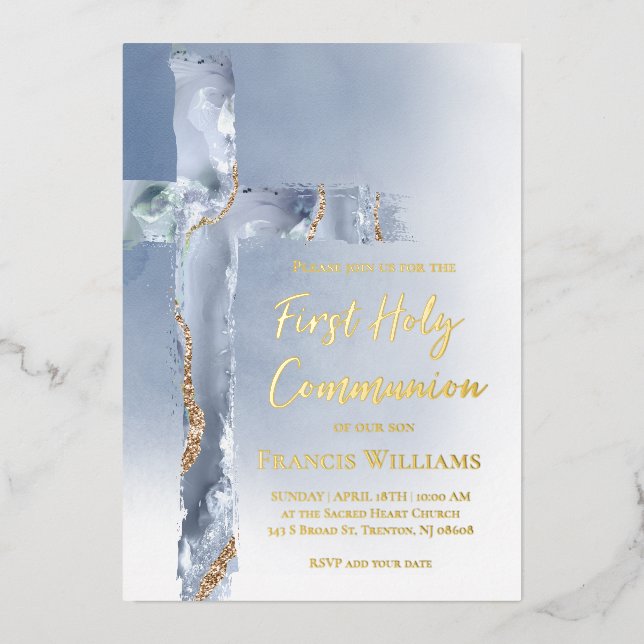 First Holy Communion dusty blue cross Foil Invitation (Front)