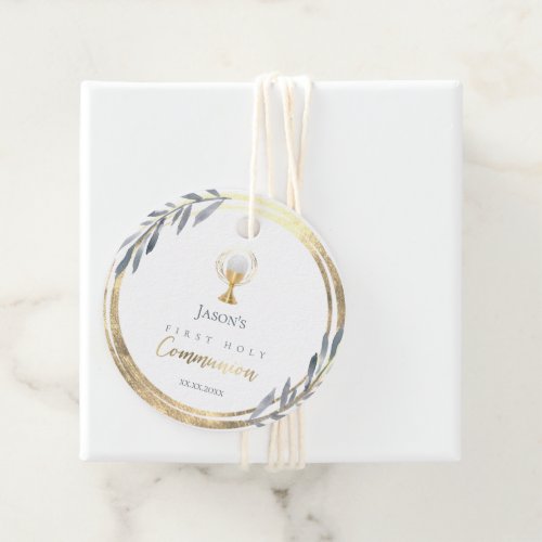 First Holy communion dusty blue faux gold foil  Favor Tags