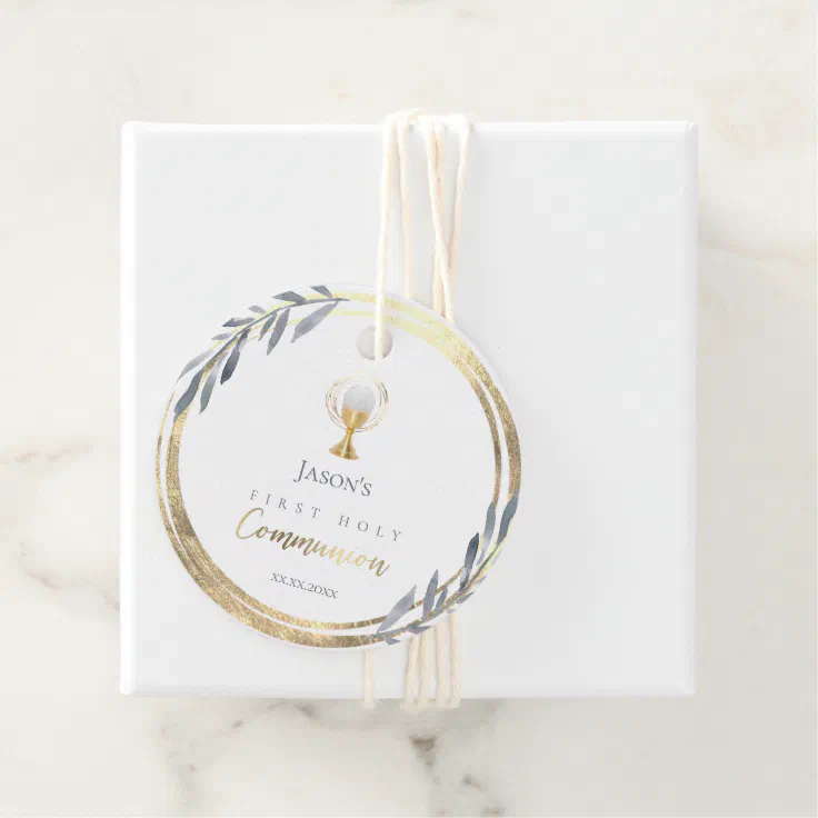 First Holy communion dusty blue faux gold foil Favor Tags | Zazzle
