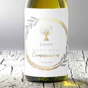 First Holy communion dusty blue faux gold foil   Wine Label