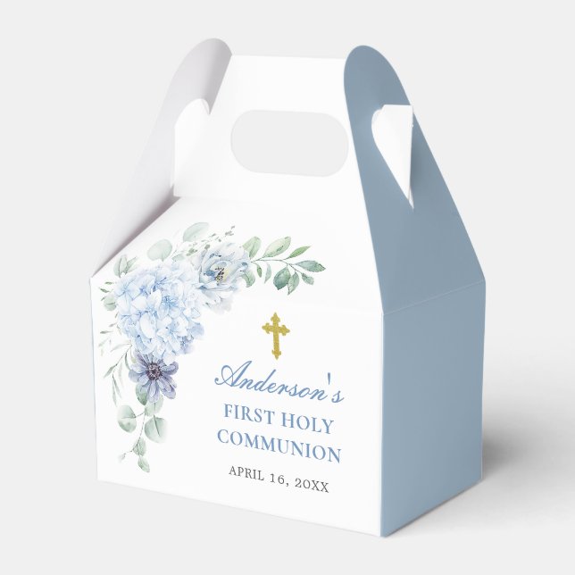 First Holy Communion Dusty Blue Floral Favor Boxes (Front Side)