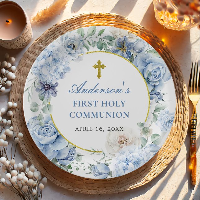 First Holy Communion Dusty Blue Floral Paper Plates (Creator Uploaded)