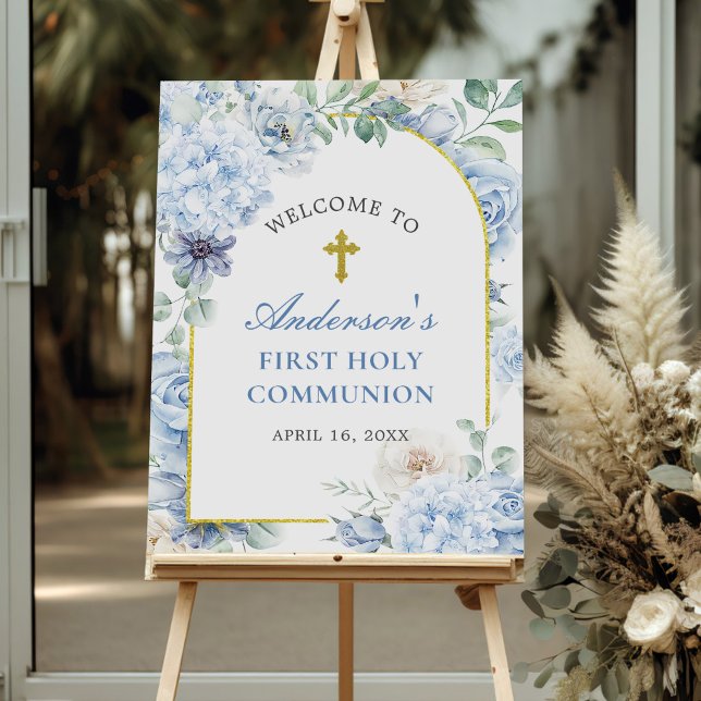 First Holy Communion Dusty Blue Floral Welcome Foam Board (Creator Uploaded)