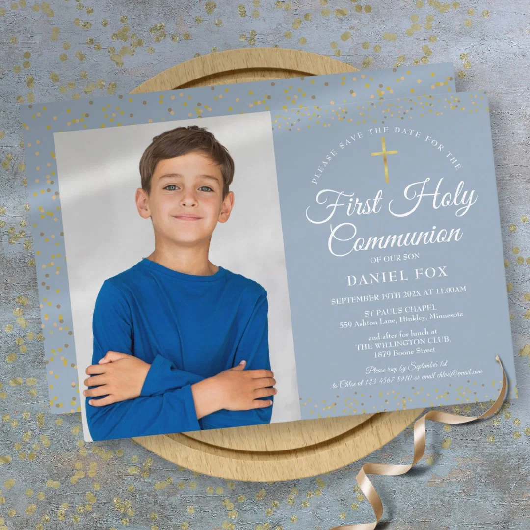 First Holy Communion Dusty Blue Gold Dust Photo Save The Date (First Holy Communion Dusty Blue Gold Dust Photo Save The Date)