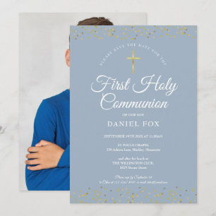 First Holy Communion Dusty Blue Gold Dust Photo Save The Date
