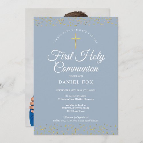 First Holy Communion Dusty Blue Gold Dust Photo Save The Date