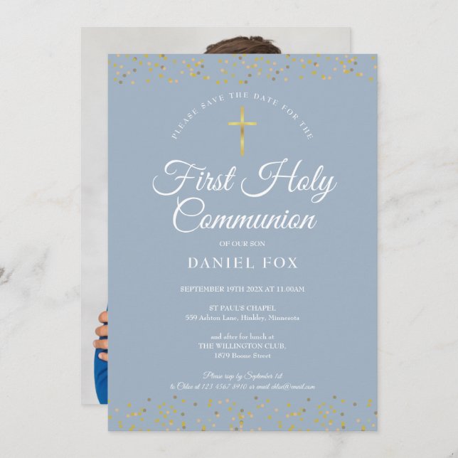 First Holy Communion Dusty Blue Gold Dust Photo Save The Date (Front/Back)