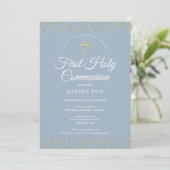 First Holy Communion Dusty Blue Gold Dust Photo Save The Date (Standing Front)