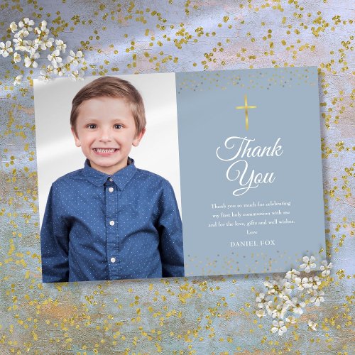 First Holy Communion Dusty Blue Gold Dust Photo Thank You Card