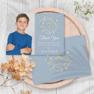 First Holy Communion Dusty Blue Greenery Photo Thank You Card