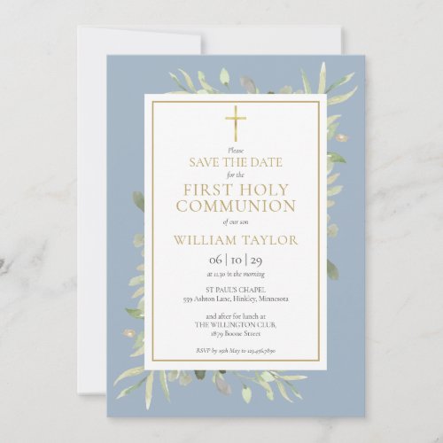 First Holy Communion Dusty Blue Greenery Save The Date