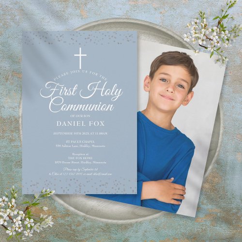 First Holy Communion Dusty Blue Photo Invitation