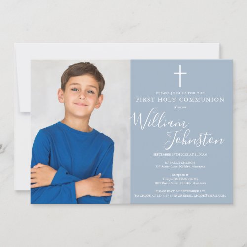 First Holy Communion Dusty Blue Script Photo Invitation